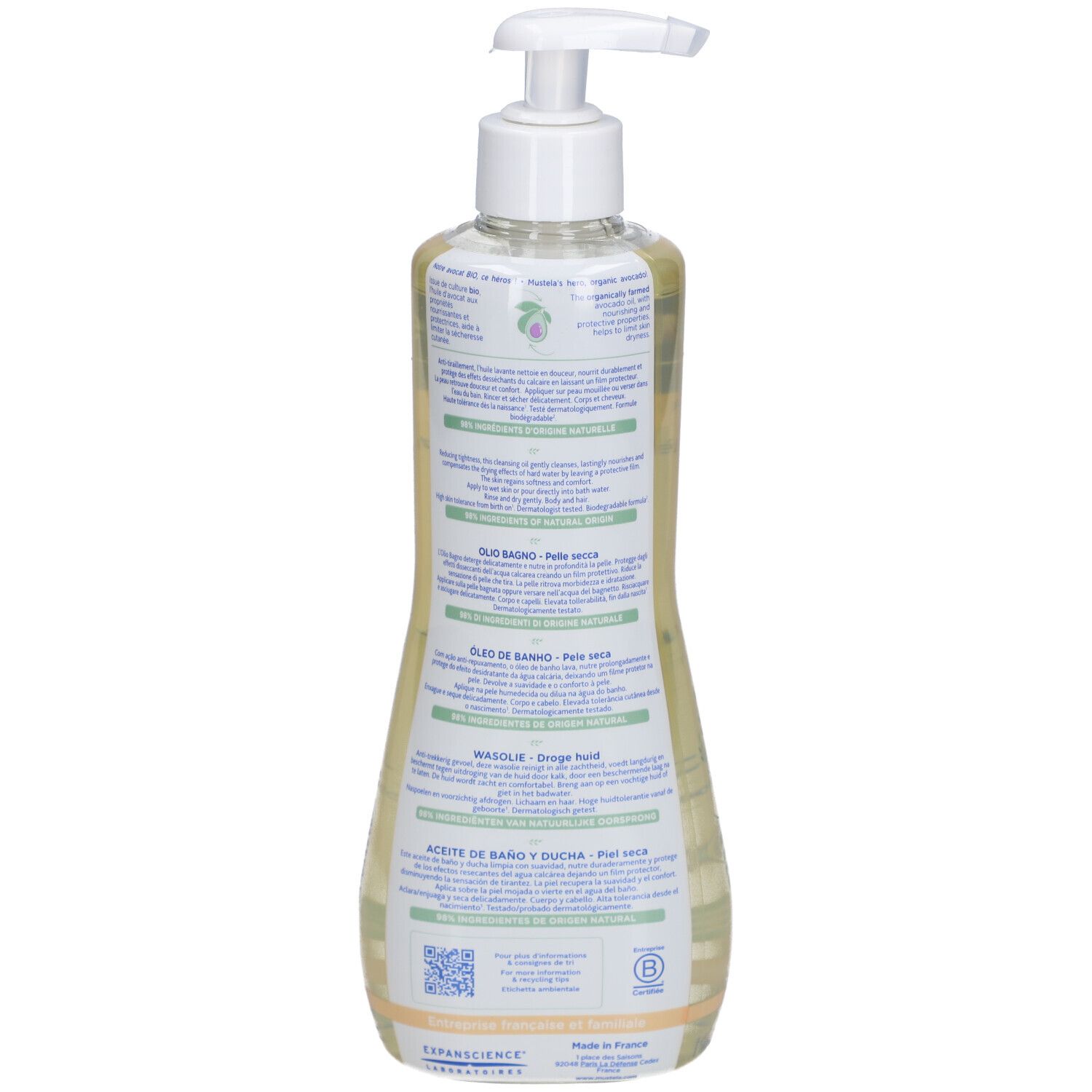 Rückseite der Mustela Reinigungsöl-Flasche. Beschriftungen in verschiedenen Sprachen. Grünes Logo. QR-Code.