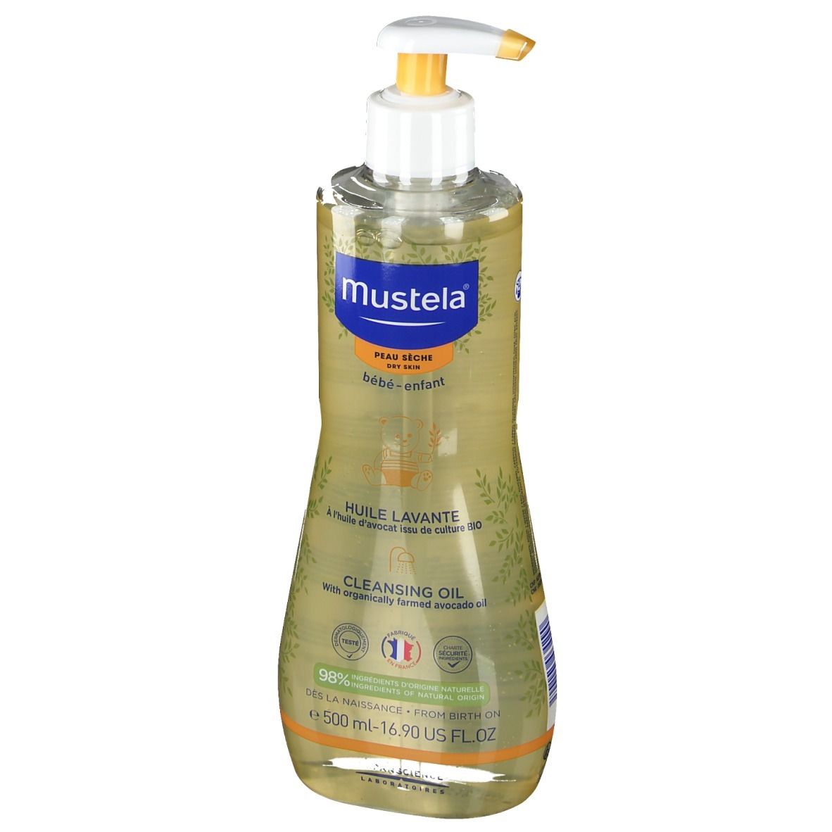 Mustela Reinigungsöl. Flasche mit Spender. Gelbliche Flüssigkeit. Aufschrift: Peau sèche, bébé-enfant. Französische Beschriftung.