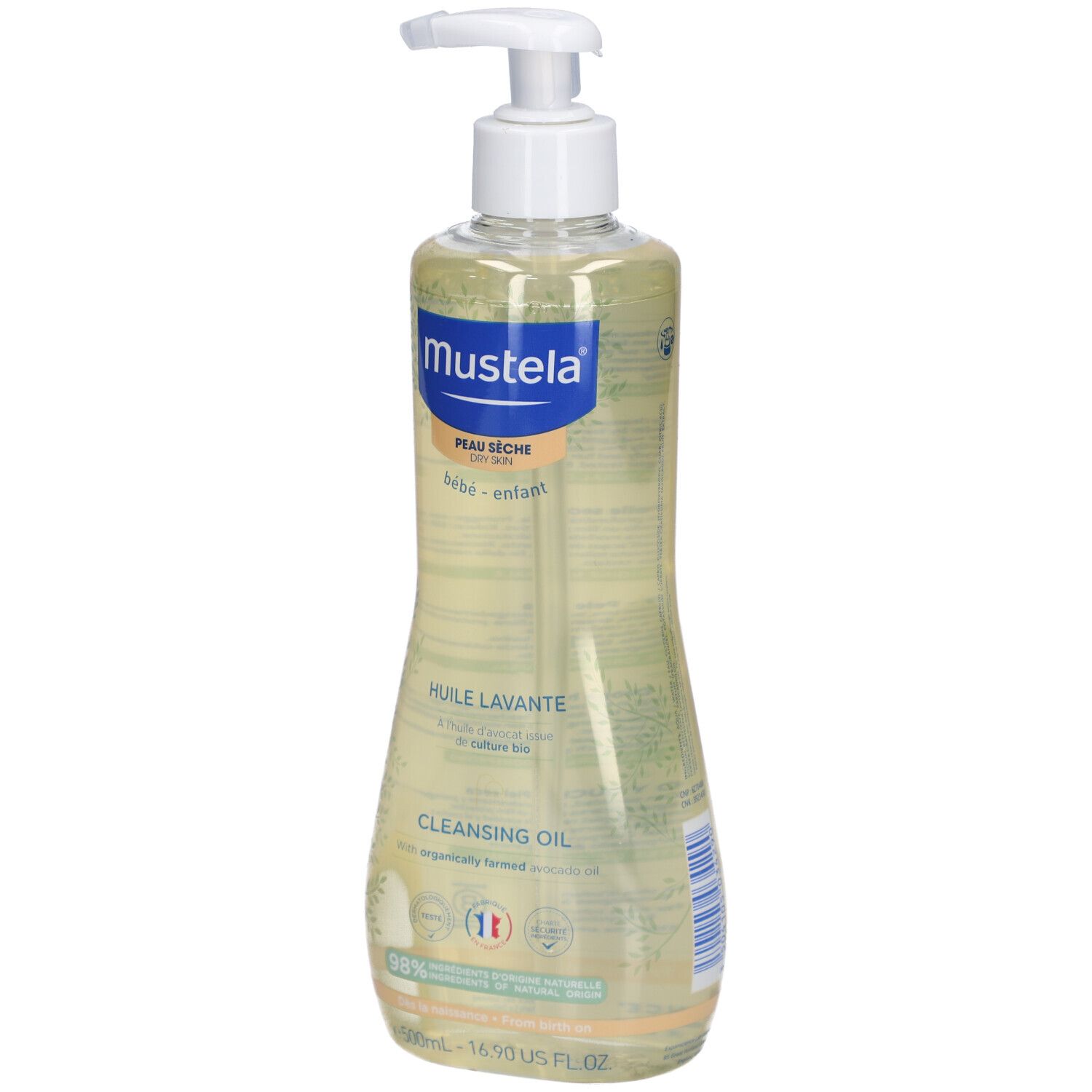 Mustela Reinigungsöl. Flasche mit Spender. Gelbliche Flüssigkeit. Aufschrift: Peau sèche, bébé-enfant. Französische Beschriftung.
