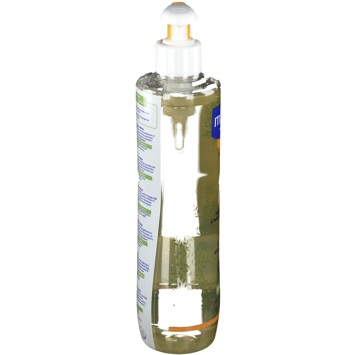 Mustela Reinigungsöl-Flasche, Seitenansicht. Transparente Flasche mit gelblicher Flüssigkeit. Beschriftungen auf der Flasche.