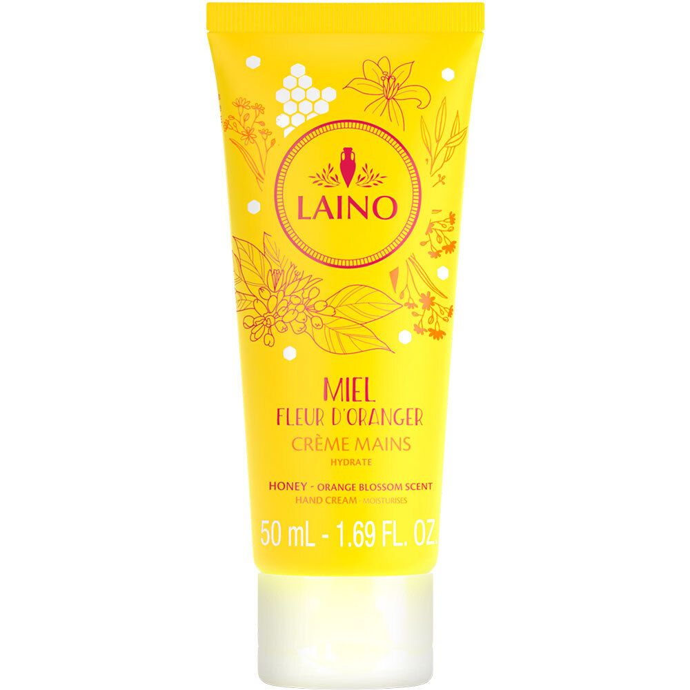 Gelbe Handcreme-Tube mit floralen Illustrationen und dem Logo LAINO. Text: Miel Fleur d'Oranger, Crème Mains.