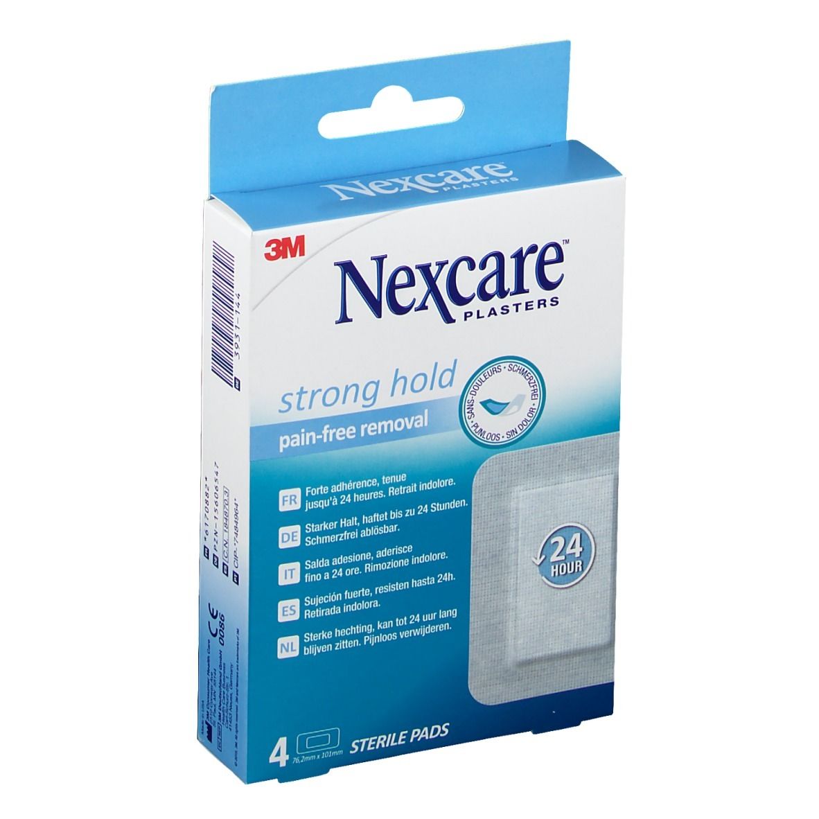 Verpackung mit Nexcare Pflastern. Aufdruck: strong hold, pain-free removal. 4 sterile Pads. 24-Stunden-Haftung.