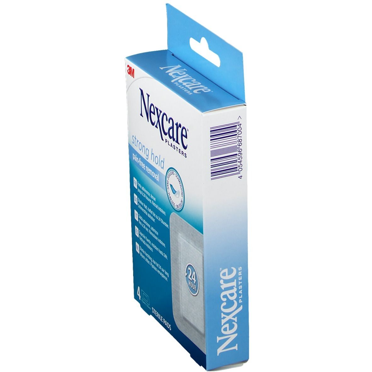 Seitenansicht der Nexcare Pflaster-Verpackung. Aufdruck: strong hold, Nexcare. Barcode und Produktinformationen.