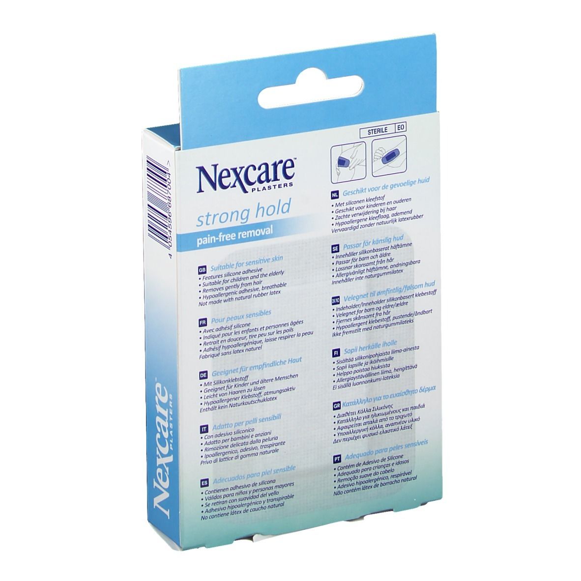 Rückseite der Nexcare Pflaster-Verpackung. Informationen zur Anwendung und Eigenschaften. Geeignet für empfindliche Haut.