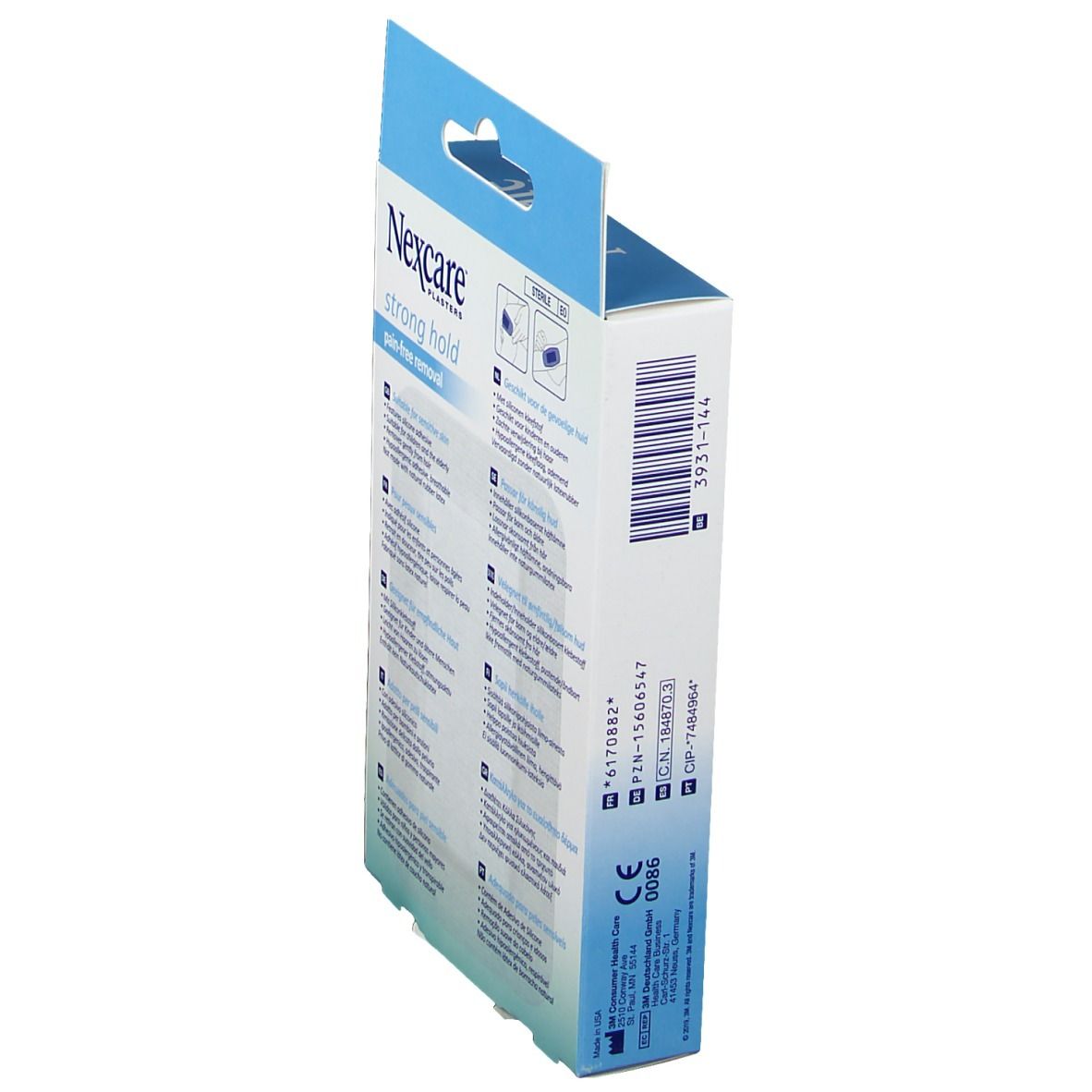 Seitenansicht der Nexcare Pflaster-Verpackung. Produktinformationen und Barcode. Hergestellt in Deutschland.