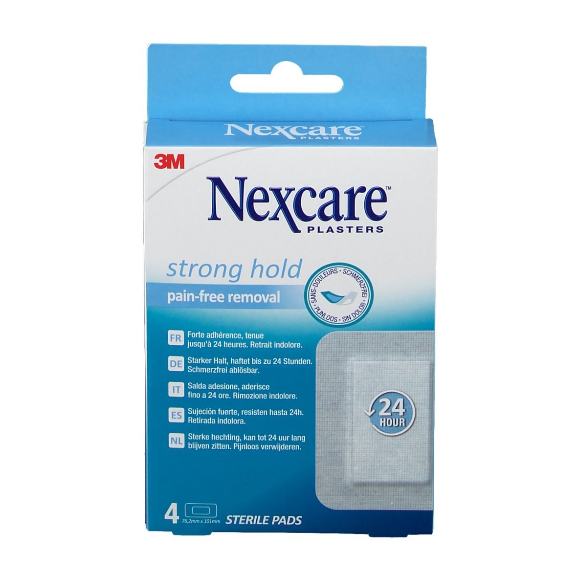 Vorderansicht der Nexcare Pflaster-Verpackung. Aufdruck: strong hold, pain-free removal. 4 sterile Pads. 24-Stunden-Haftung.