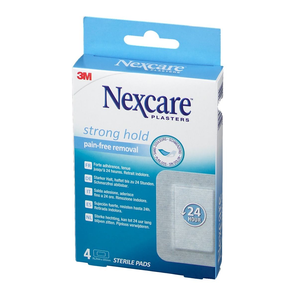 Vorderansicht der Nexcare Pflaster-Verpackung. Aufdruck: strong hold, pain-free removal. 4 sterile Pads. 24-Stunden-Haftung.