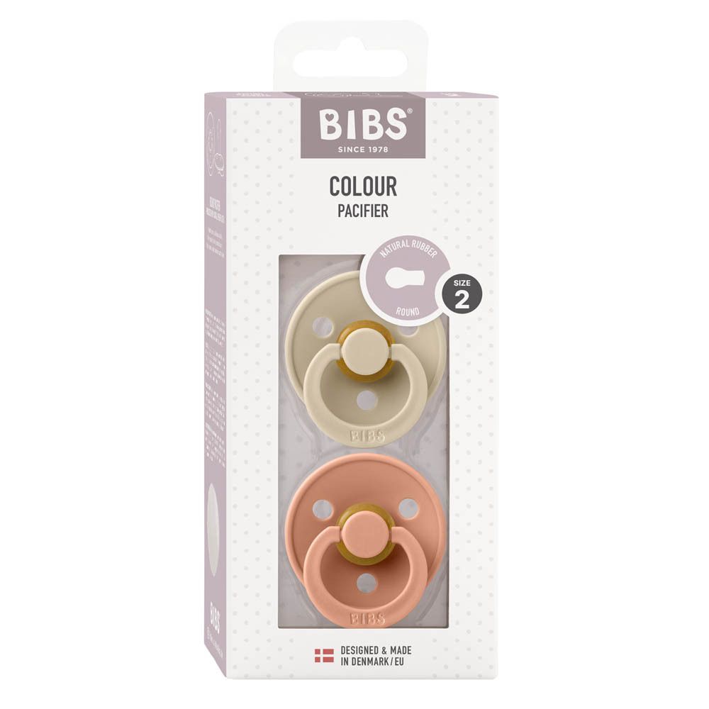 BIBS® Schnuller-Verpackung, Ansicht von vorne. Farben: Beige und Pfirsich. Größe 2. 3 Stück.