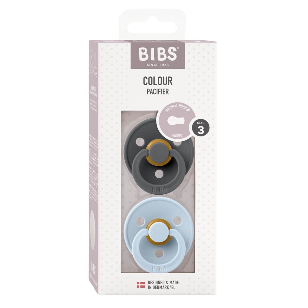 Verpackung mit zwei Schnullern. Hellblau und grau. Marke BIBS, Größe 3, ab 18 Monaten.
