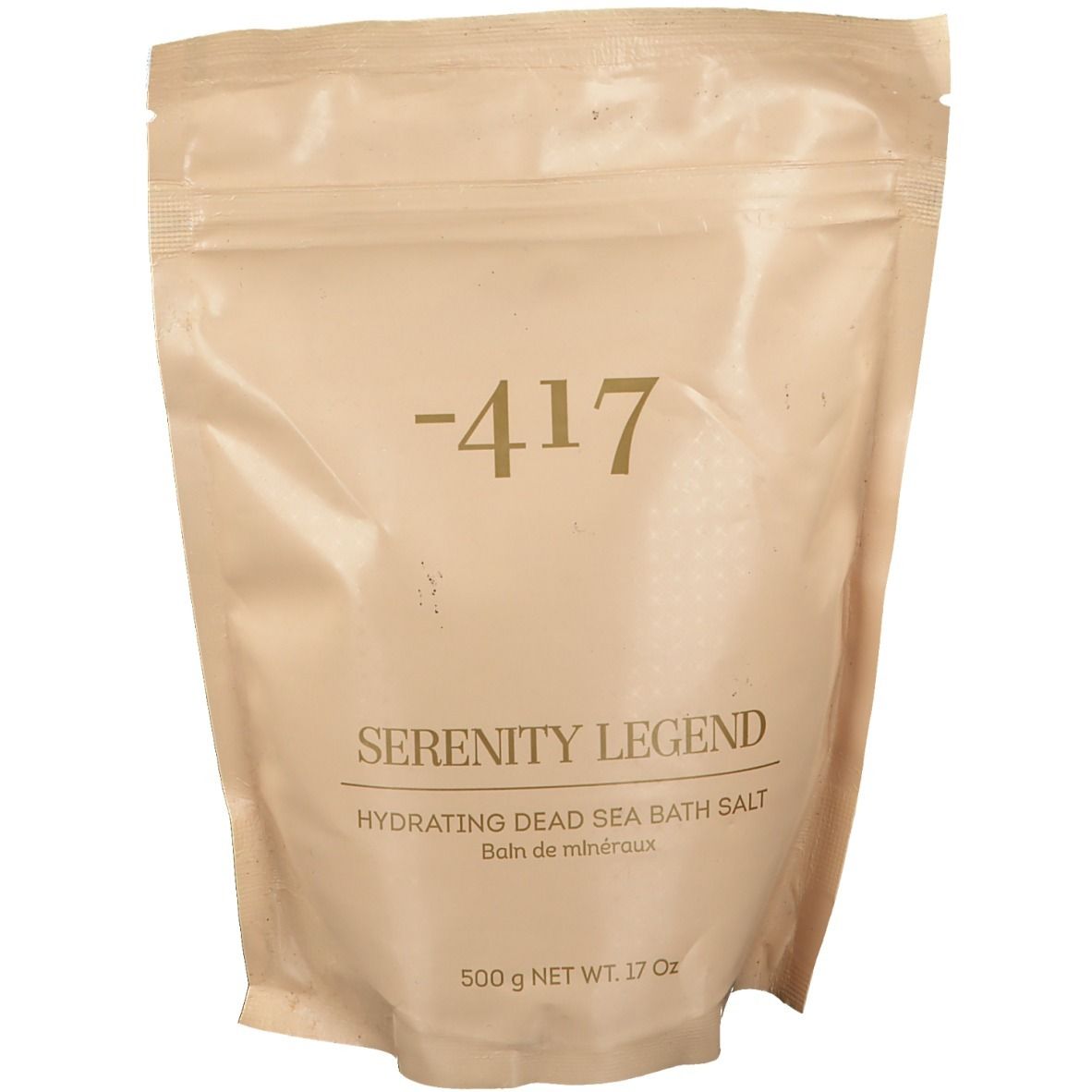 Beutel mit -417 Serenity Legend Badesalz. Beige Verpackung, Reißverschluss. Text: Hydrating Dead Sea Bath Salt.