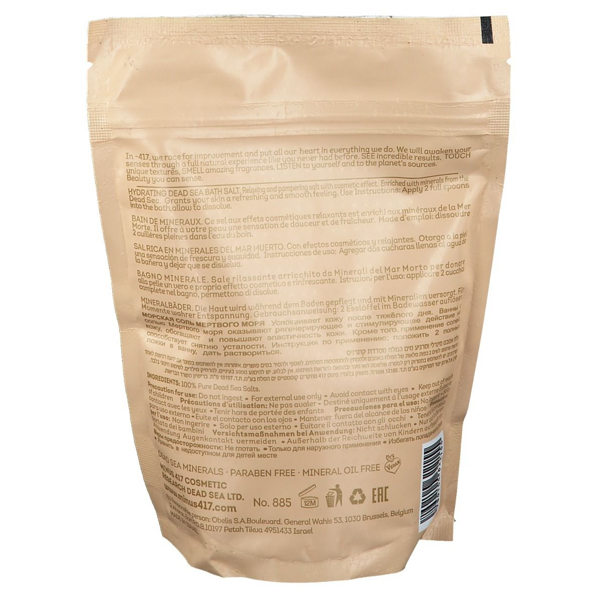 Rückseite des Beutels mit -417 Badesalz. Text in mehreren Sprachen, darunter Deutsch, Französisch, Italienisch und Niederländisch.