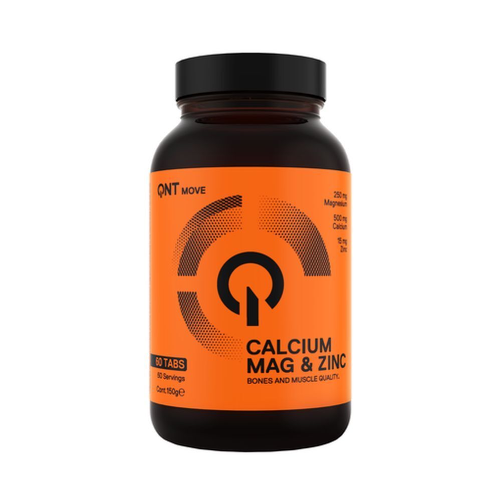 Braune Flasche mit orangefarbenem Etikett. Aufschrift: Calcium Mag & Zinc. Enthält 60 Tabletten. Marke: QNT Move.