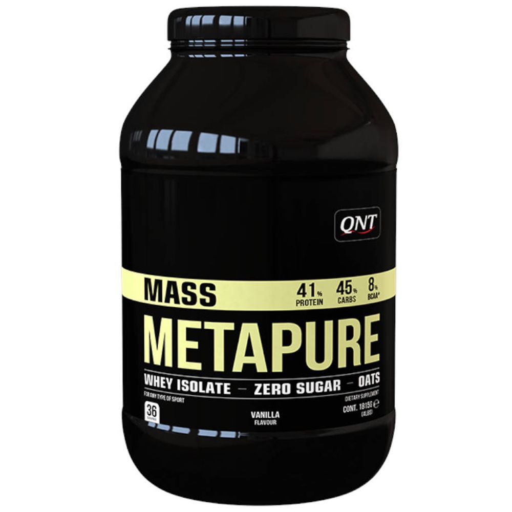 Schwarze Dose mit QNT-Logo. Aufschrift: Mass Metapure, Whey Isolate, Zero Sugar, Oats. 36 Portionen. Vanille-Geschmack.