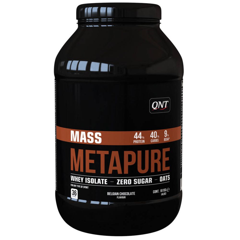 Schwarze Dose QNT Metapure Mass. Aufschrift: Whey Isolate, Zero Sugar, Oats. Geschmack: Belgian Chocolate. 36 Portionen.