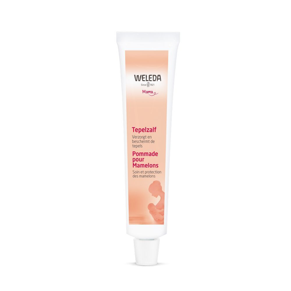 Weleda Mama Brustwarzensalbe Tube. Weiß, mit rosa und orangefarbenem Design. Text: Tepelzalf, Pommade pour mamelons.