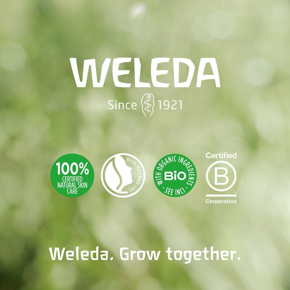 Weleda Logo und Zertifizierungen. 100% zertifizierte Naturkosmetik, Natrue-Siegel, Bio-Zertifizierung, B Corp-Zertifizierung. Text: Grow together.