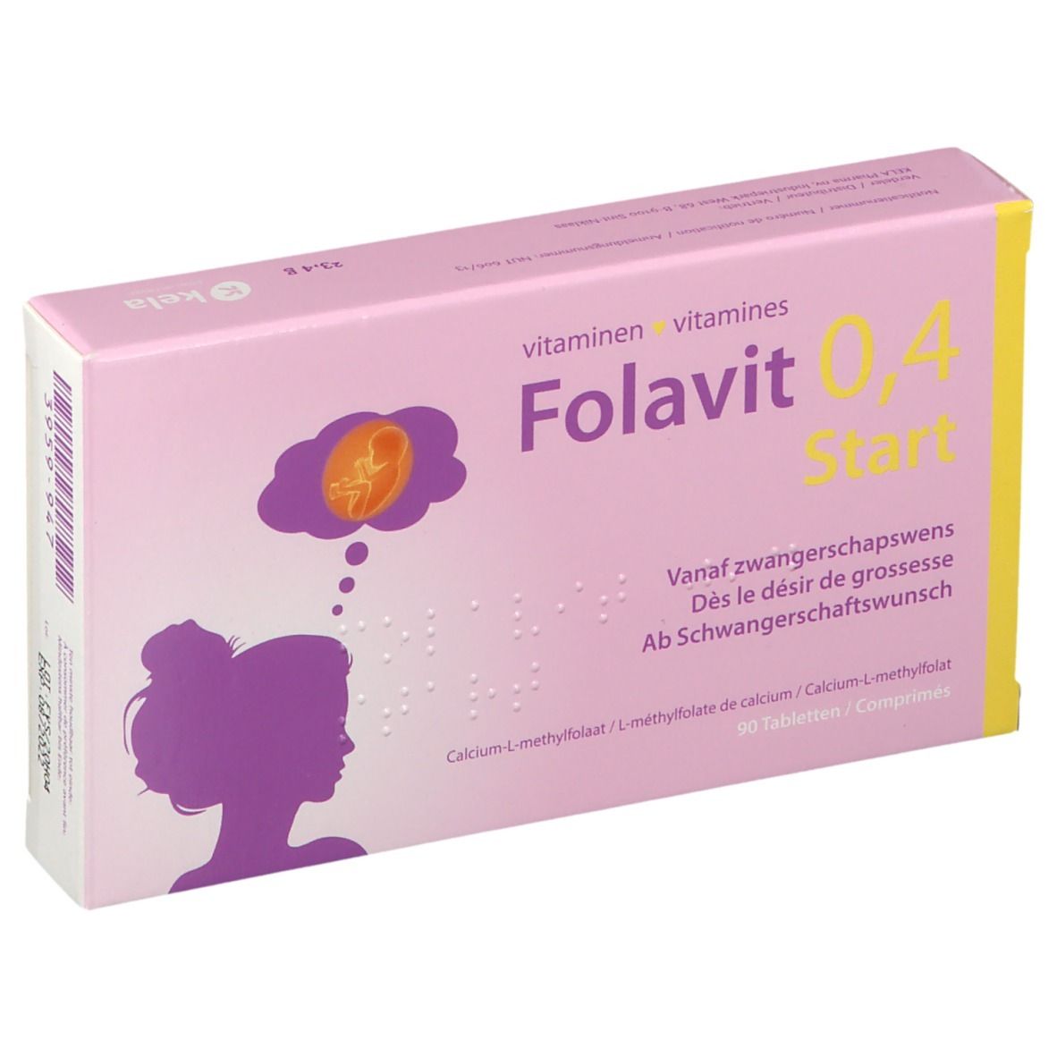 Rosa Schachtel mit Folavit 0,4 Start. Aufdruck mit Frauensilhouette und Fötus-Symbol. 90 Tabletten.