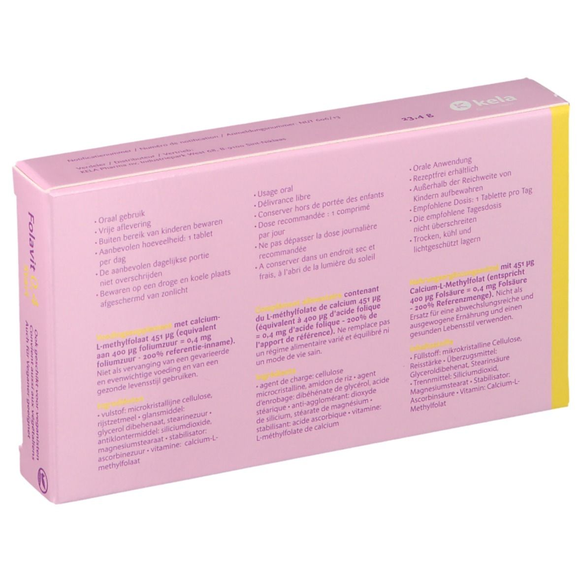 Rückseite der Schachtel Folavit 0,4 Start. Text in mehreren Sprachen. Inhaltsstoffe und Anwendungshinweise.