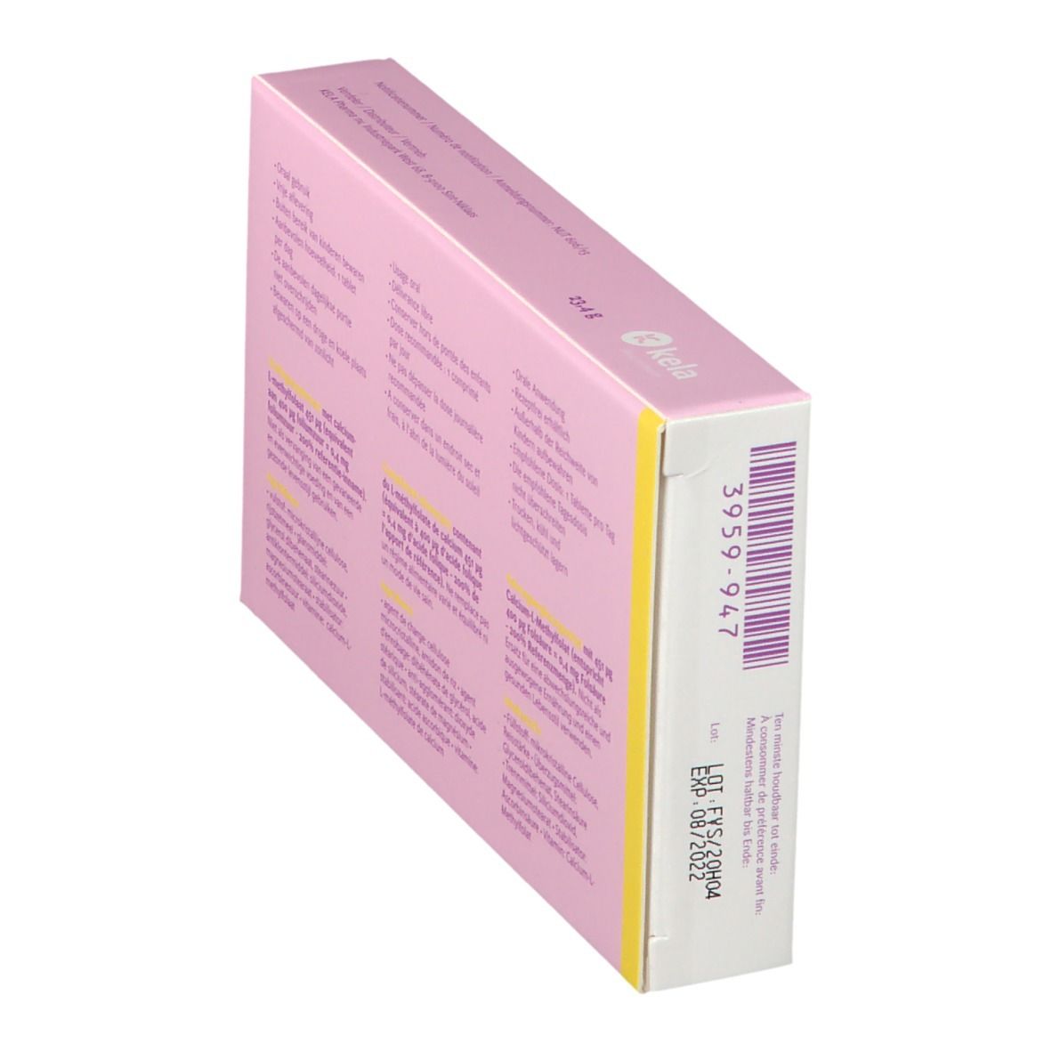 Rückseite der Schachtel Folavit 0,4 Start. Text und Chargennummer. Rosa und gelbe Farbgebung.