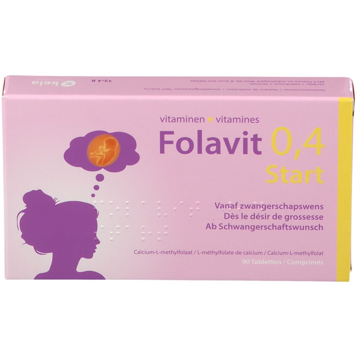 Rosa Schachtel Folavit 0,4 Start. Aufdruck mit Frauensilhouette und Fötus-Symbol. 90 Tabletten.