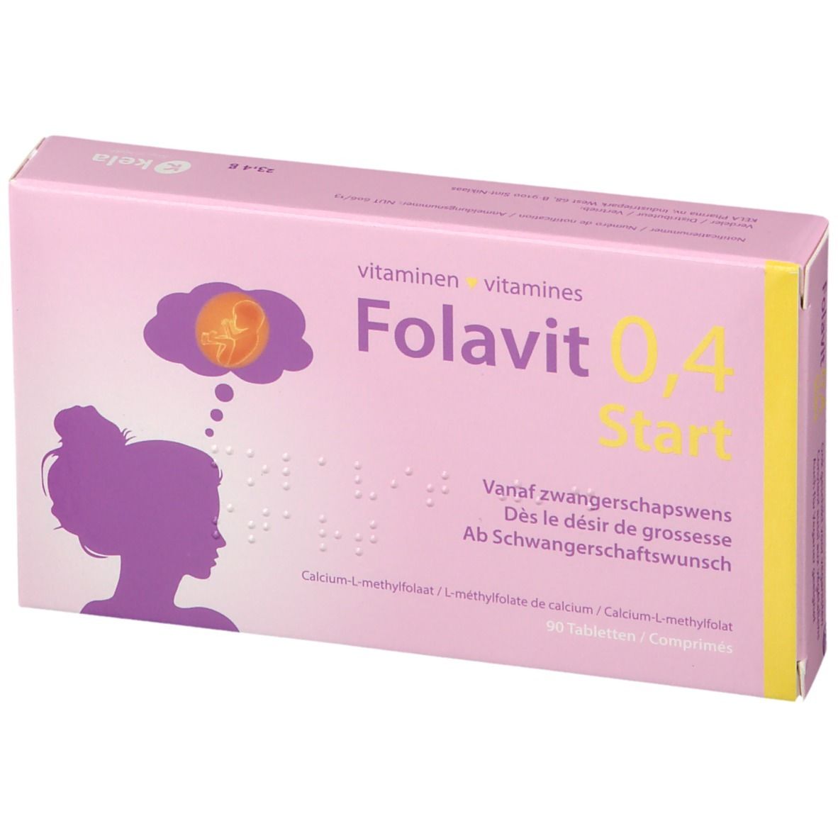 Rosa Schachtel Folavit 0,4 Start. Aufdruck mit Frauensilhouette und Fötus-Symbol. 90 Tabletten.