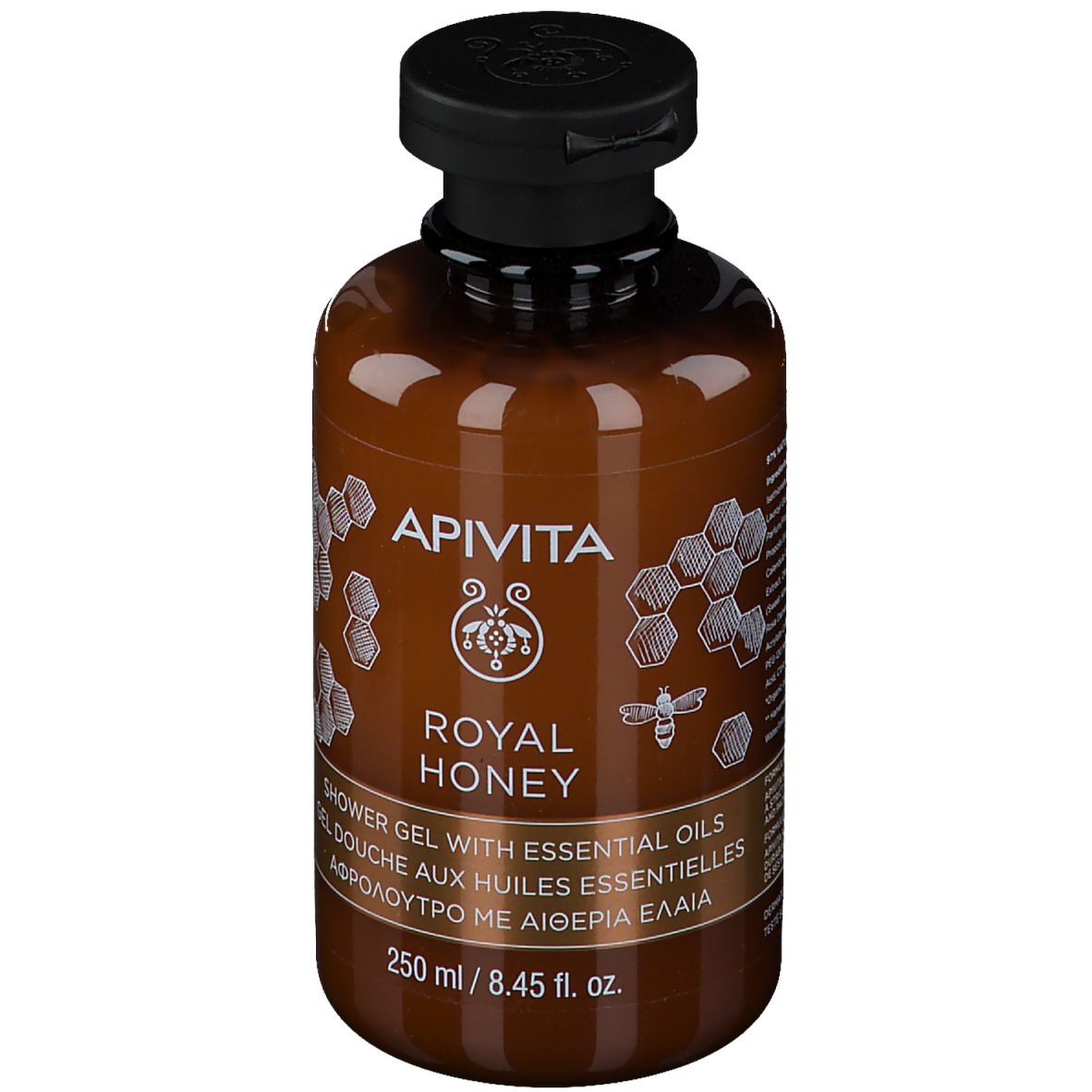 Braune Flasche mit APIVITA Royal Honey Duschgel, 250 ml.