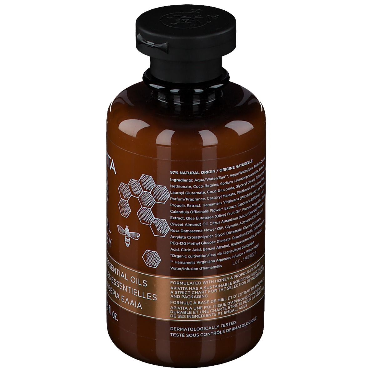Braune Flasche mit schwarzem Deckel, Etikett mit Bienenwaben- und Bienenmotiv.