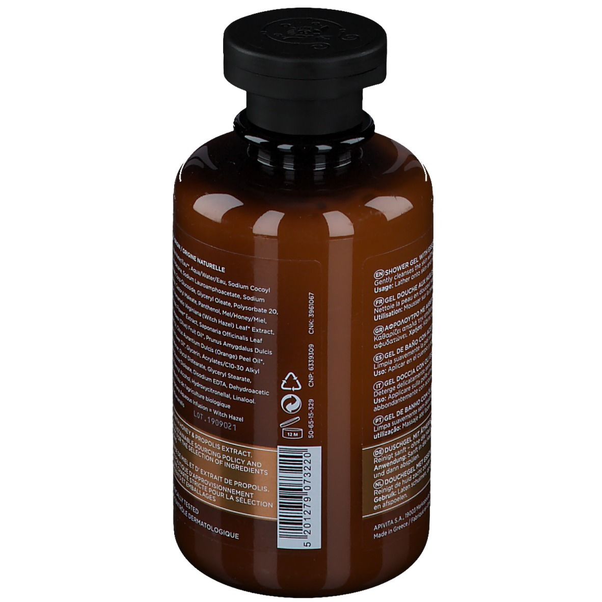 Braune Flasche mit schwarzem Schraubverschluss, Etikett mit Produktinformationen und Barcode.