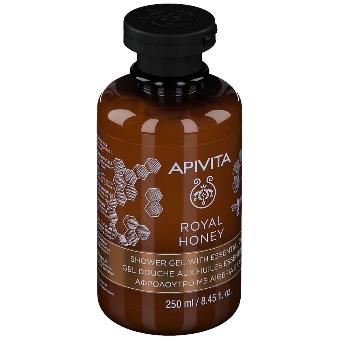 API VITA Royal Honey Shower Gel in brauner Flasche mit schwarzem Verschluss. 250 ml.
