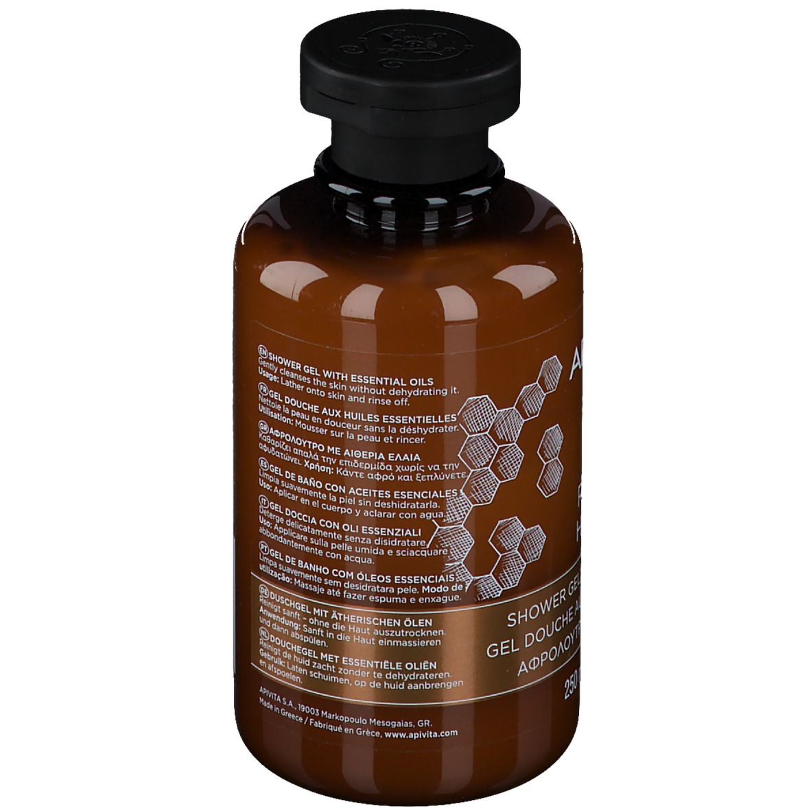 Braune Duschgelflasche mit schwarzem Deckel und Etikett mit Wabenmuster.