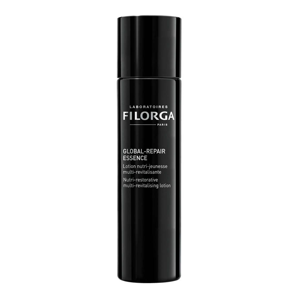 FILORGA Global-Repair Essence. Schwarze Flasche mit weißem Etikett. Produktname und Informationen.