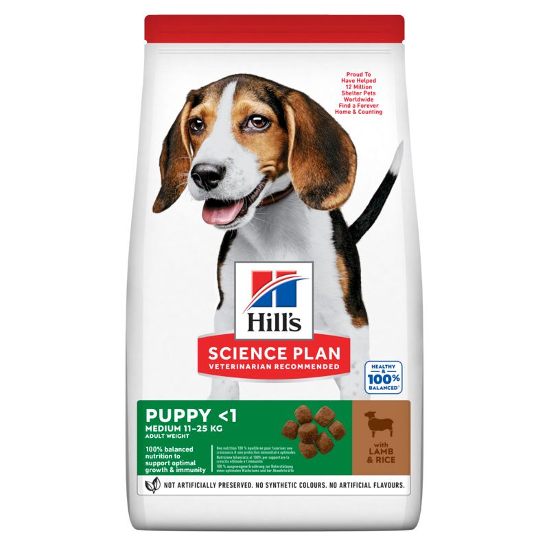 Hills Science Plan Welpenfutter mit Lamm & Reis. Verpackung mit Hundebild. Text: Puppy <1, Medium 11-25 kg, 100% ausgewogene Ernährung.