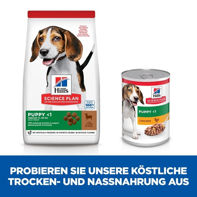 Hill's Science Plan Welpenfutter mit Lamm & Reis und Nassfutter. Beide Produkte mit Hundebild. Text: Puppy <1, Chicken.