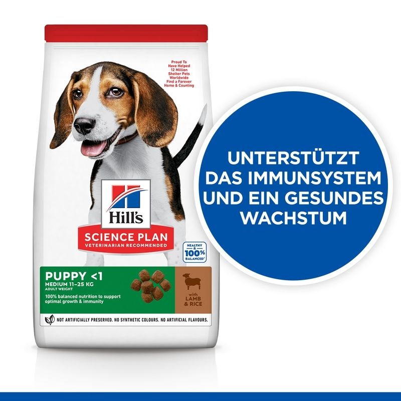 Hill's Science Plan Welpenfutter mit Lamm & Reis. Verpackung mit Hundebild. Blauer Kreis mit Text: Unterstützt das Immunsystem und ein gesundes Wachstum.