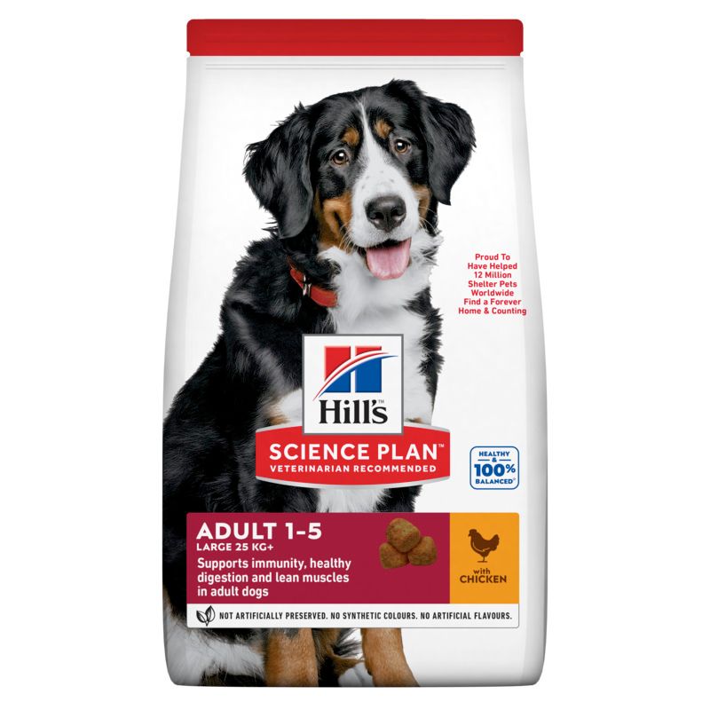 Hundefutterbeutel mit Hund. "Hill's Science Plan" und "Adult 1-5" Text. Huhn-Symbol. 100% ausgewogen.
