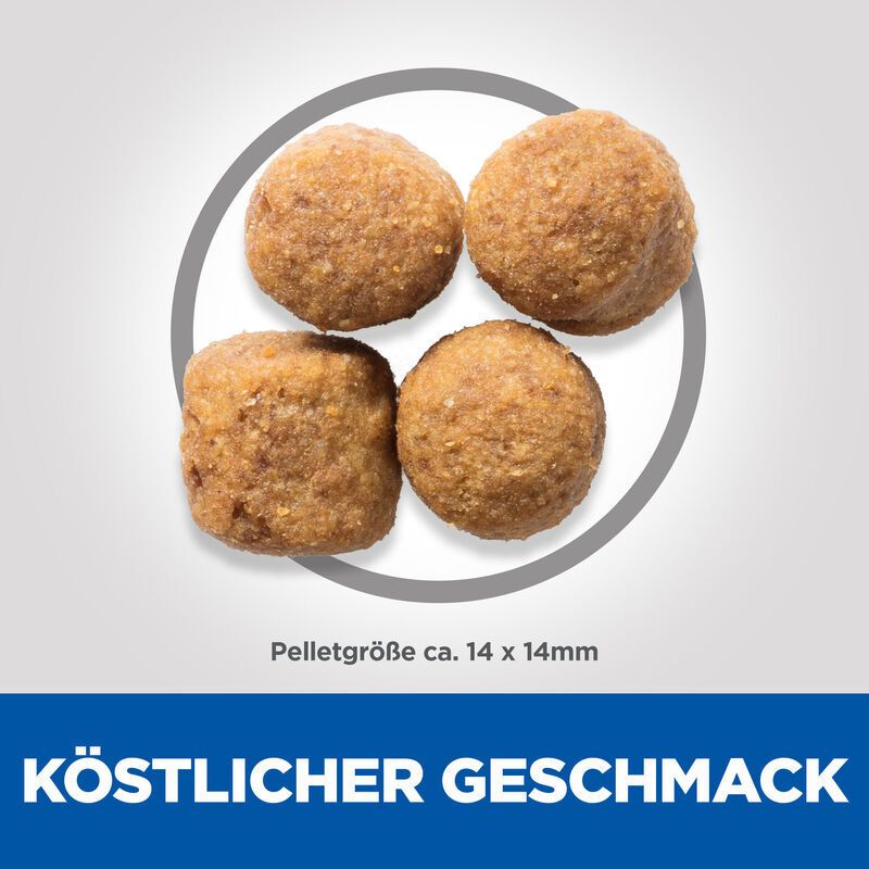 Vier runde Hundefutterbrocken in einem Kreis. Text: Köstlicher Geschmack. Pelletgröße ca. 14x14mm.