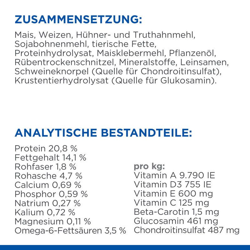 Zusammensetzung und analytische Bestandteile des Hundefutters. Tabellarische Auflistung von Inhaltsstoffen und Nährwerten.