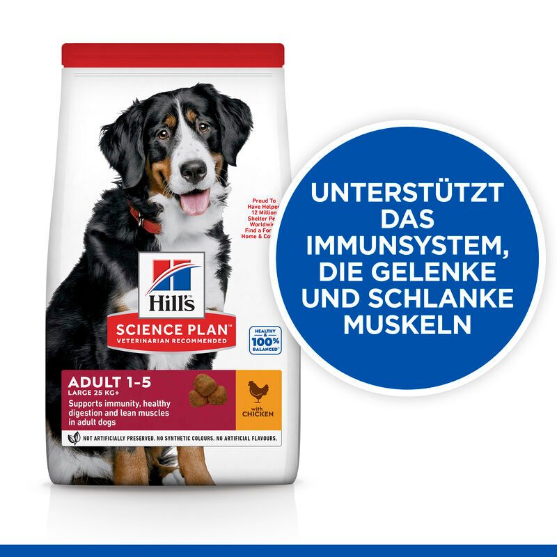 Hundefutterbeutel mit Hund. "Hill's Science Plan" und "Adult 1-5" Text. Huhn-Symbol. Text: Immunsystem, Gelenke, Muskeln.