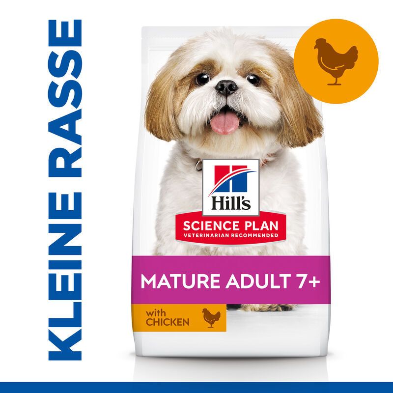 Hundefutterbeutel mit Hundefoto. Aufschrift: Hill's Science Plan, Mature Adult 7+ mit Huhn. Für kleine Hunde.