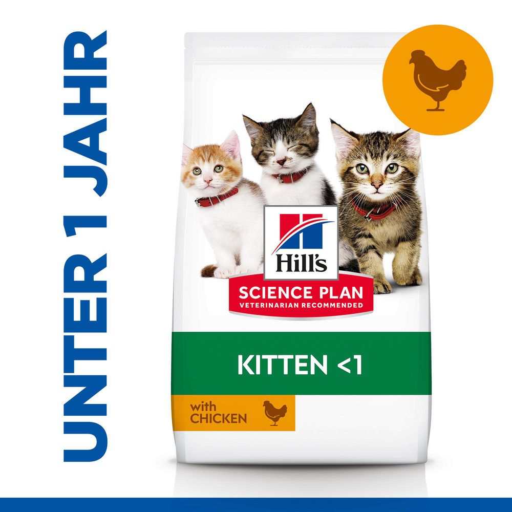 Hill's Science Plan Kitten <1 Huhn. Beutel mit drei Kätzchen. Text: Kitten <1, Huhn, Science Plan. Mit Huhn-Symbol.