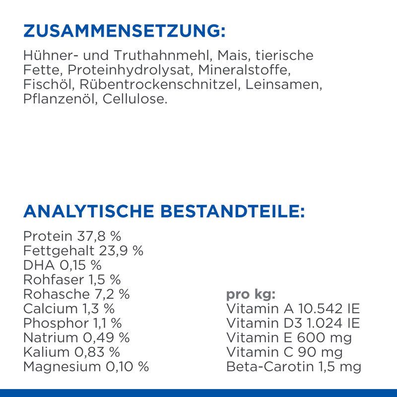 Text: Zusammensetzung, analytische Bestandteile. Inhaltsstoffe: Huhn, Mais, tierische Fette, Fischöl, Vitamine.