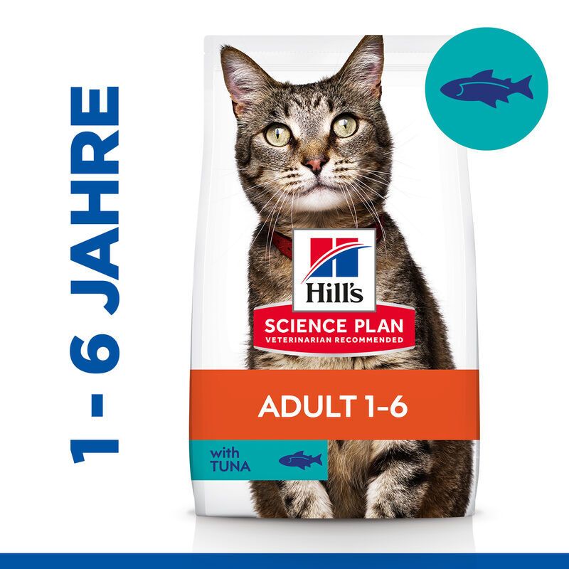 Katzenfutter-Beutel mit Katze, Hill's Science Plan, Adult 1-6, mit Thunfisch. Blaue Fisch-Illustration.