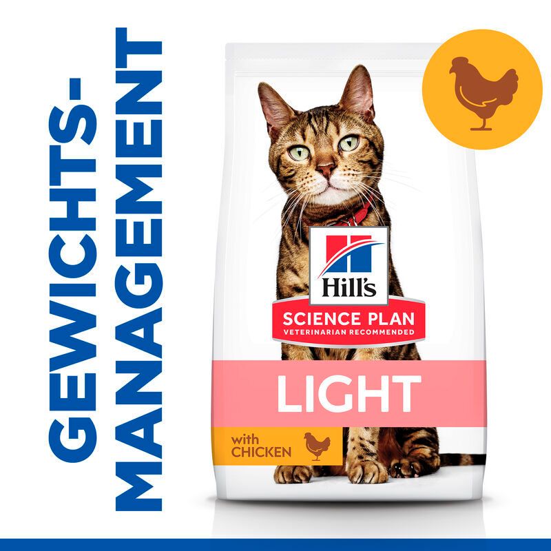 Hill's Science Plan Light mit Huhn. Verpackung mit Katze, Logo und Produktbezeichnung. Gewichtskontrolle.