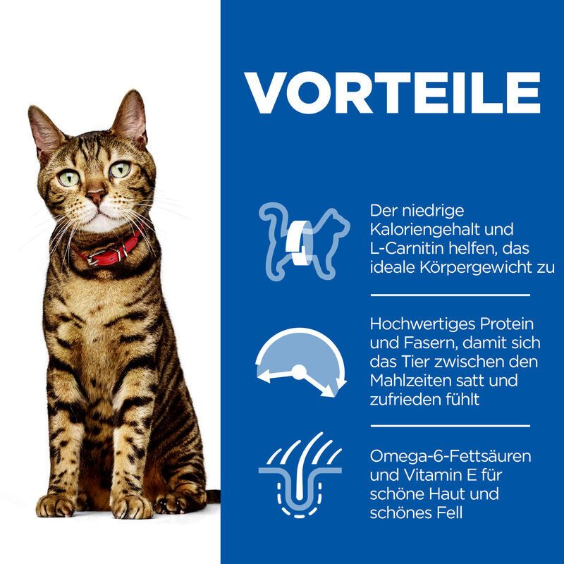 Vorteile von Hill's Science Plan. Abbildung einer Katze, Text über Kalorien, Protein, und Omega-6-Fettsäuren.