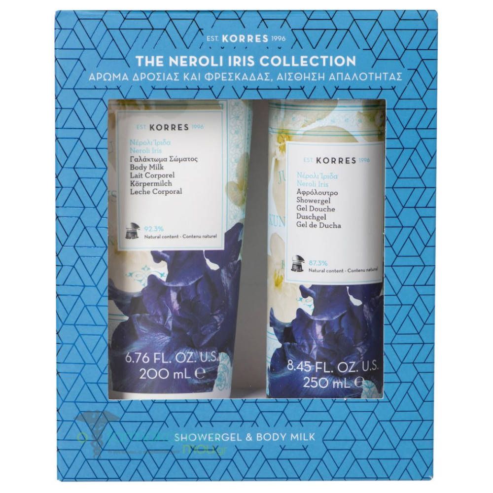 KORRES Neroli Iris Set. Zwei Flaschen in einer Geschenkbox. Blaue Iris-Blüten auf den Flaschen. Text: Showergel & Body Milk.