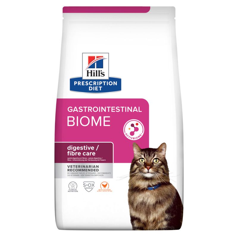 Beutel Katzenfutter. Marke Hill's Prescription Diet. Text: Gastrointestinal Biome. Mit Katze und Huhn-Symbol.