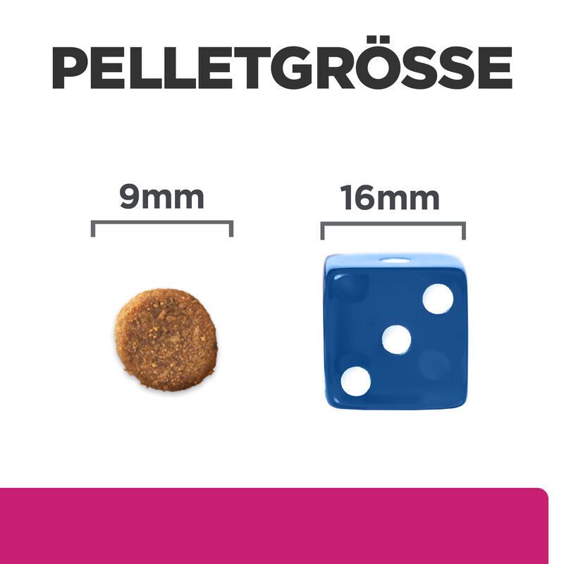 Vergleich der Pelletgrößen: 9mm und 16mm. Ein Pellet und ein blauer Würfel mit drei weißen Punkten.