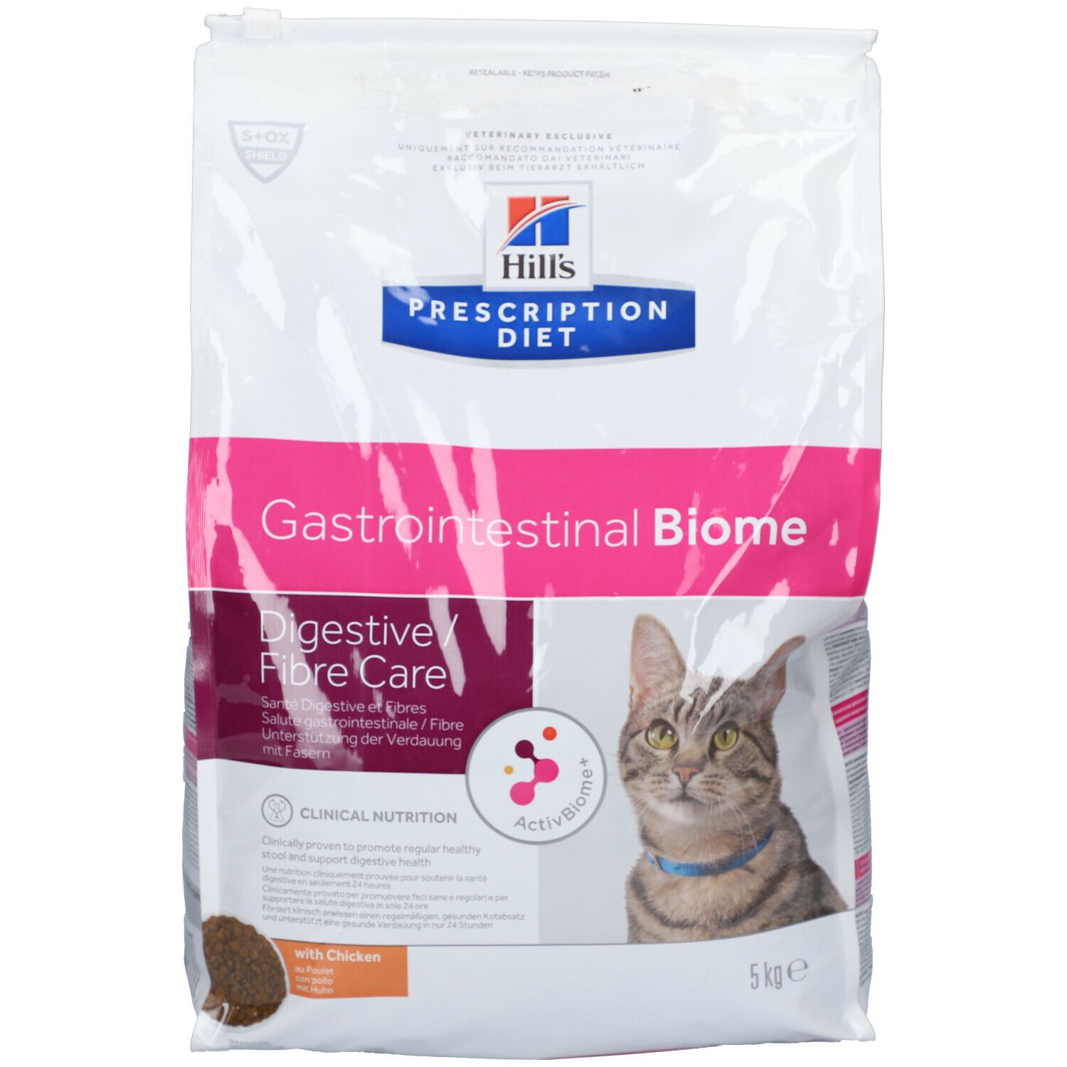 Verpackung von Hill's Prescription Diet Gastrointestinal Biome Katzenfutter. Enthält ein Katzenfoto und Text: Digestive Fibre Care, Clinical Nutrition, 5 kg.