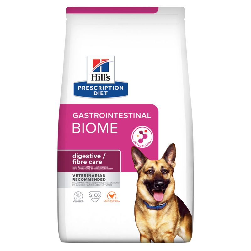 Hundefutterbeutel mit Produktnamen und Hund. Text: Gastrointestinal Biome, digestive/fibre care.
