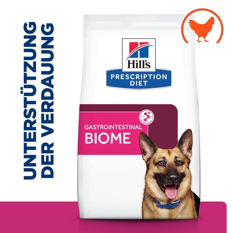 Hundefutterbeutel mit Produktnamen und Huhn-Symbol. Text: Unterstützung der Verdauung, Gastrointestinal Biome.